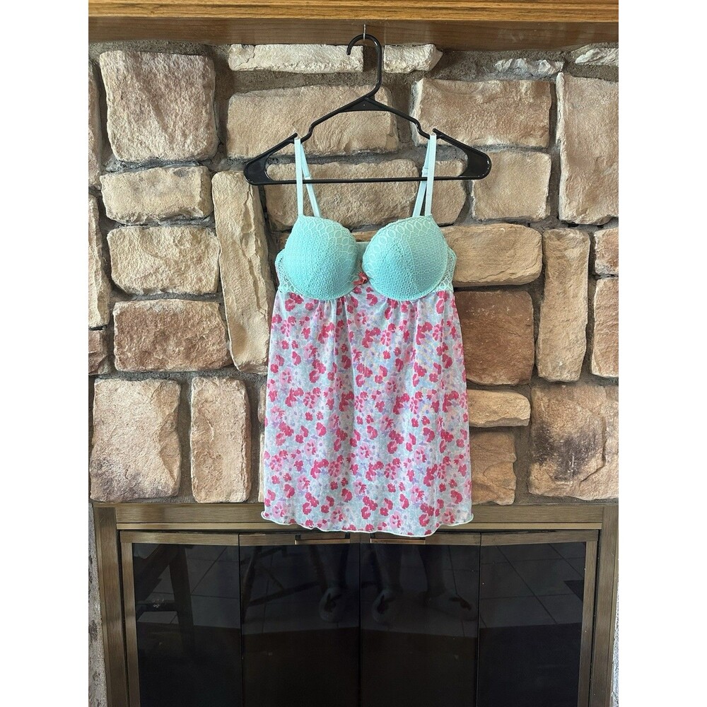 Y2K Jessica Simpson L Babydoll Underwire 00s Teal Green Pink White Slip Dress